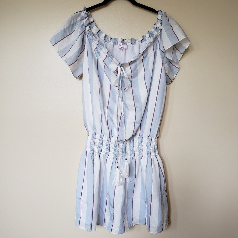 Revolve Parker Blue & Pink Stripe Off Shoulder Mini Dress